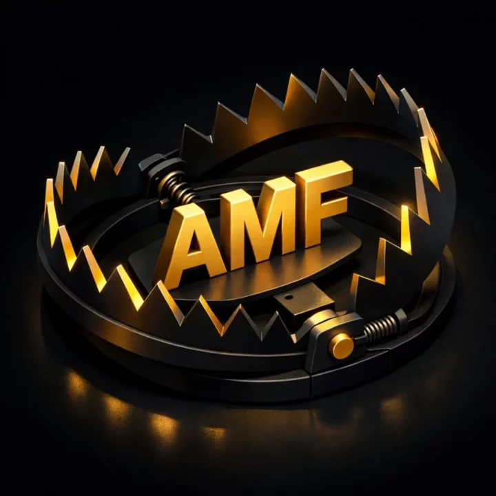Piège à mâchoires noir et or entourant les lettres AMF, illustration fintech sur fond noir.