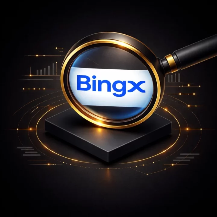 Logo BingX inspecté par une loupe noire et dorée, posé sur un socle noir dans une illustration 3D isométrique fintech sur fond noir.