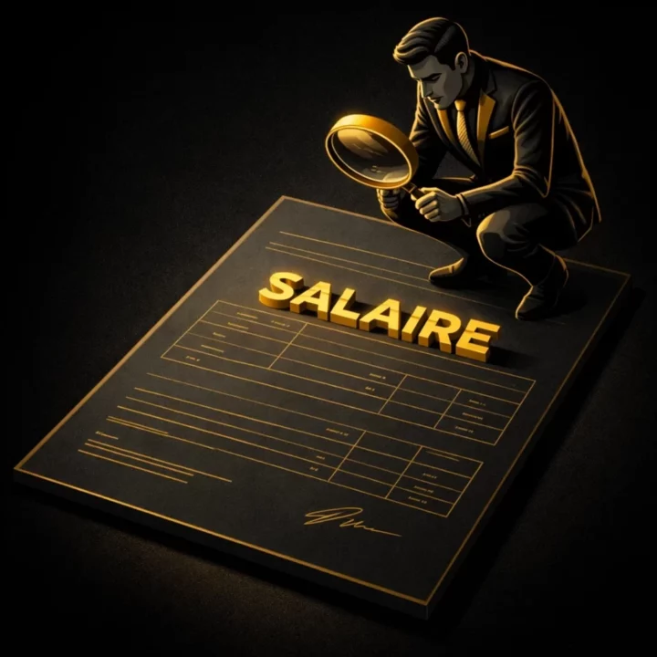 Trader accroupi observant une feuille de salaire avec une loupe, illustration noir et or sur fond noir.