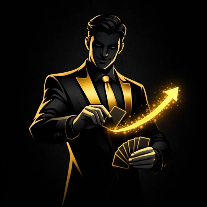 Trader en costume manipulant des cartes avec une flèche haussière lumineuse, illustration noir et or.