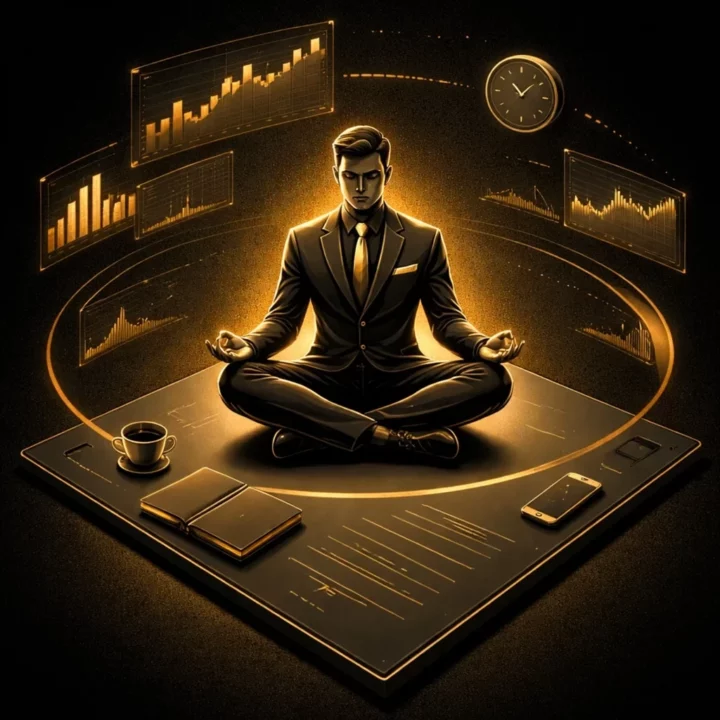 Trader en costume assis en méditation devant des écrans de graphiques financiers, illustration noir et or.