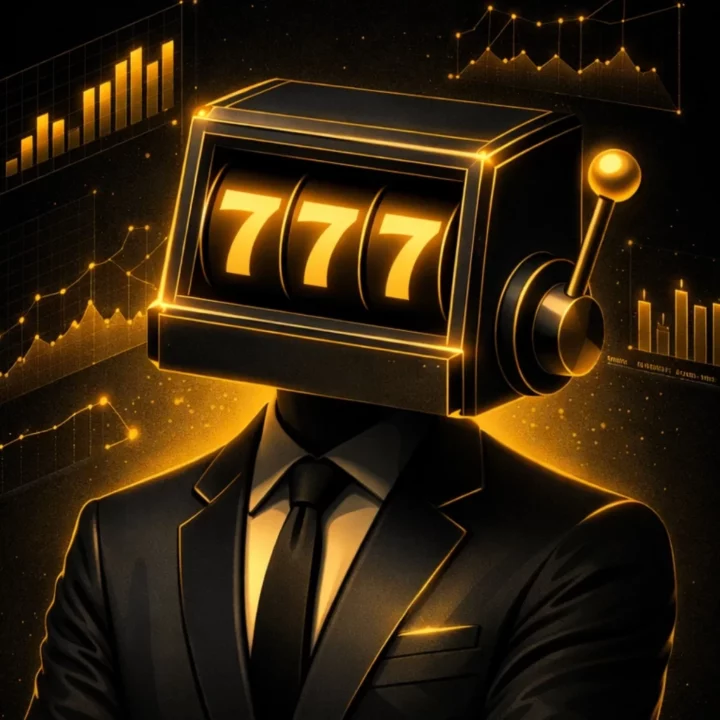 Illustration d’un trader en costume avec une tête de machine à sous affichant 777, sur fond noir avec graphiques financiers dorés.